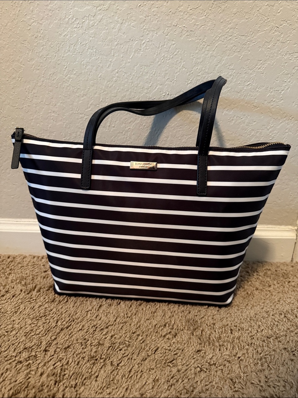 kate spade Black and White Striped Tote with Leather Handles